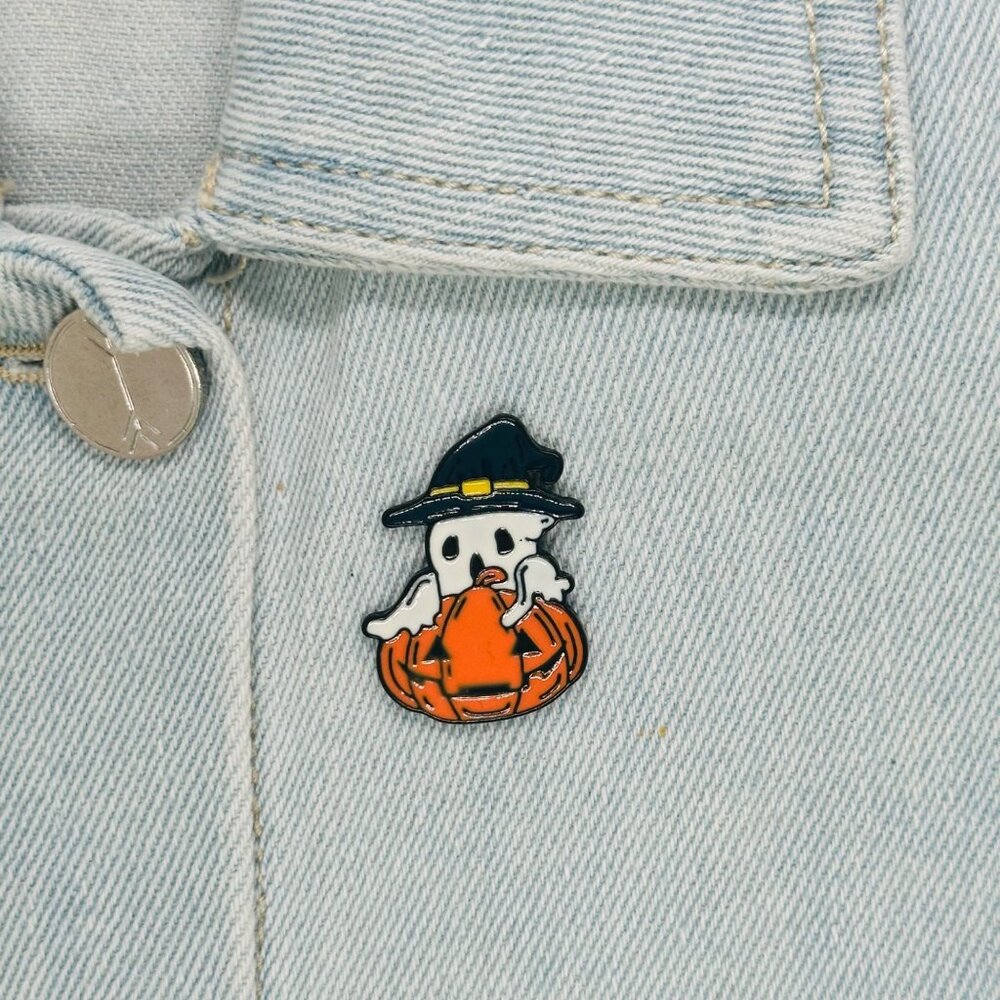 ☀️Oz Enamel Pins Ghost with hat and Pumpkin in Halloween Orange White Brooch New